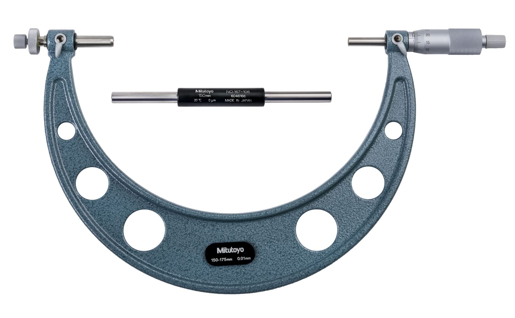 Mitutoyo 124-179 Series 124 Interchangeable Ball Anvil-Type Gear Tooth Micrometer, 150 to 175 mm, 0.01 mm graduation