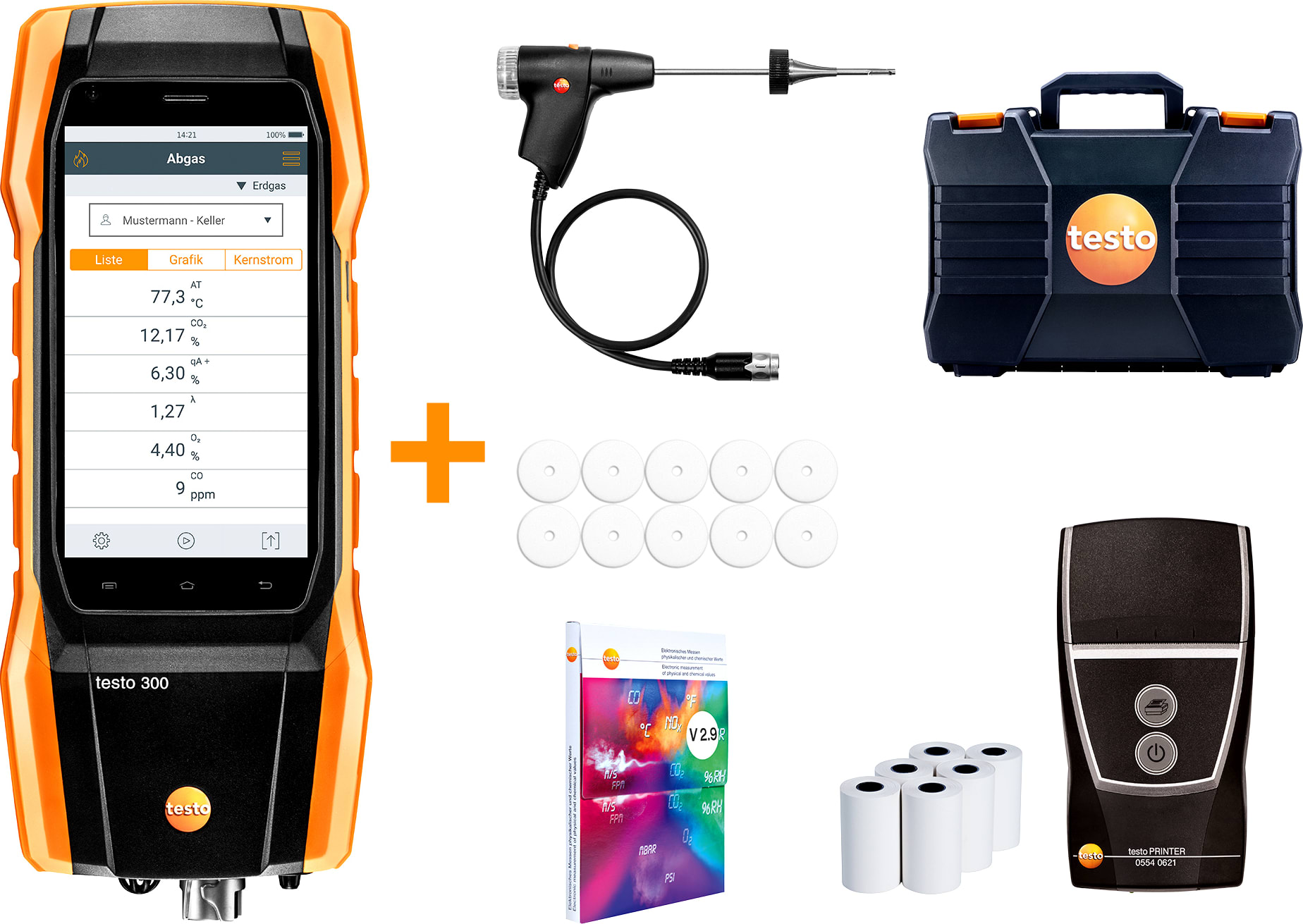 Testo 300 Commercial Combustion Analyzer with Long Life Sensors and Printer